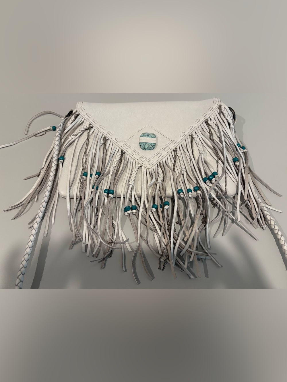 Idyllwind White Fringe Shoulder Bag with Turquoise Bead Accents